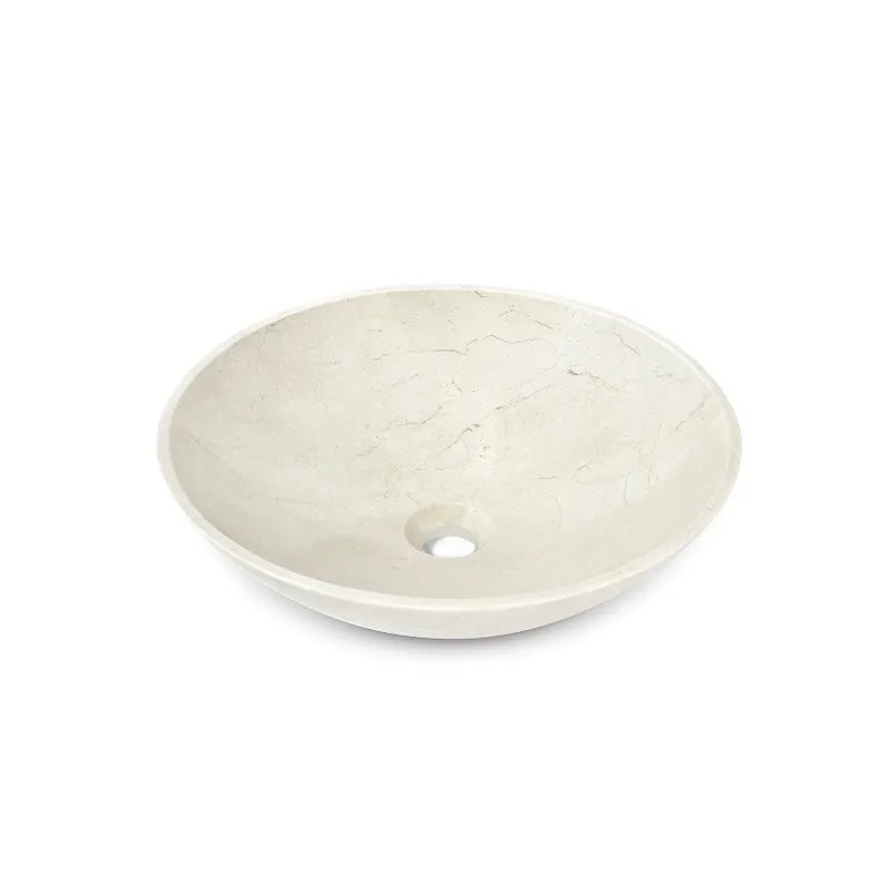 17 Inch Carrara white marble vessel sink with smooth round design and center drain hole, perfect for elegant bathroom decor.