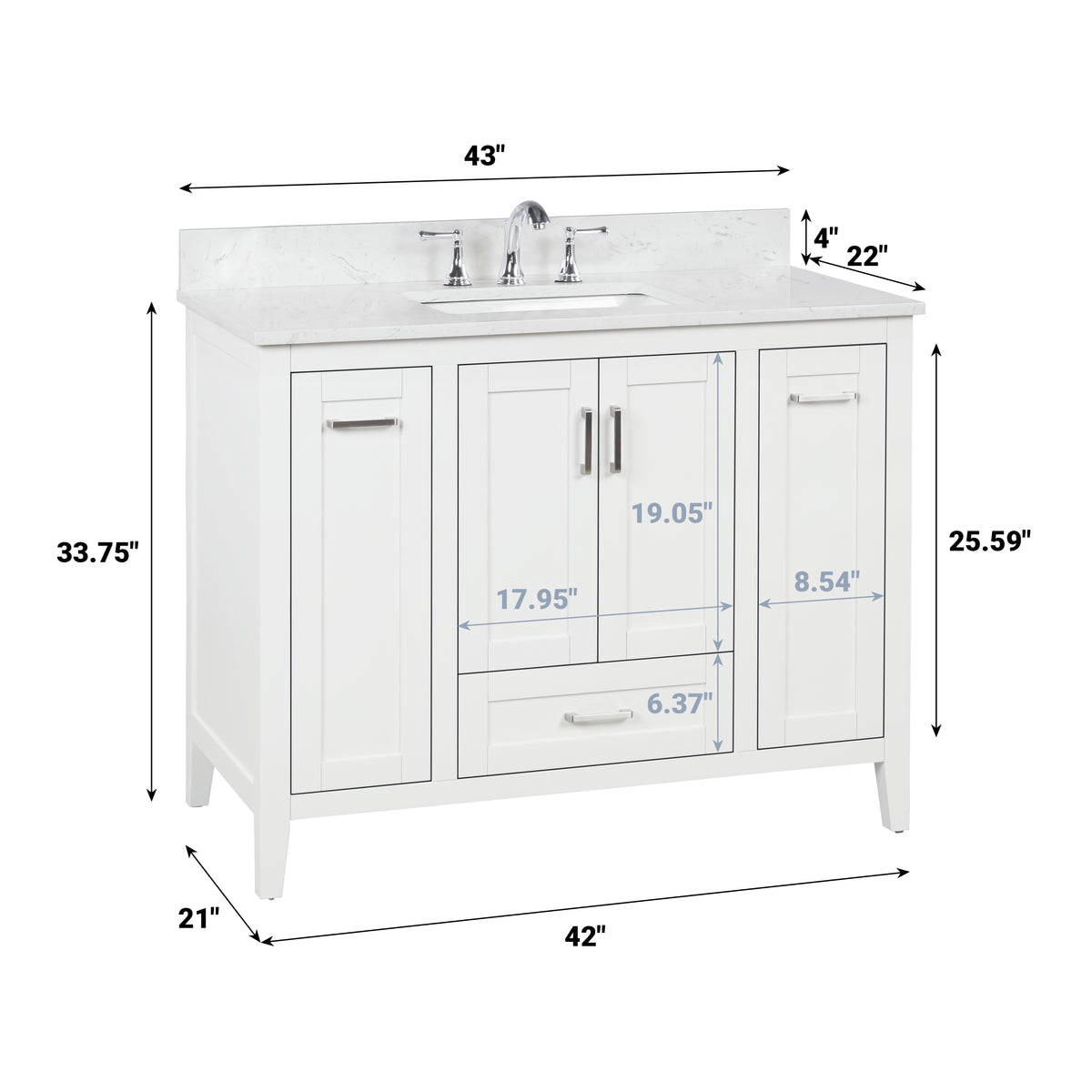 Milford 42" Single Vanity With Carrara white Quartz Stone Top