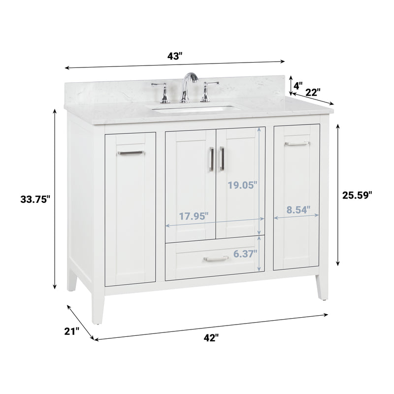 Milford 42" Single Vanity With Carrara white Quartz Stone Top