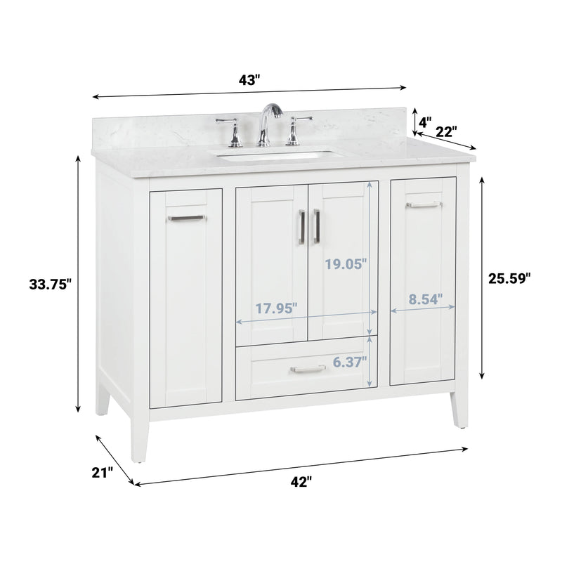 Milford 42" Single Vanity With Carrara white Quartz Stone Top