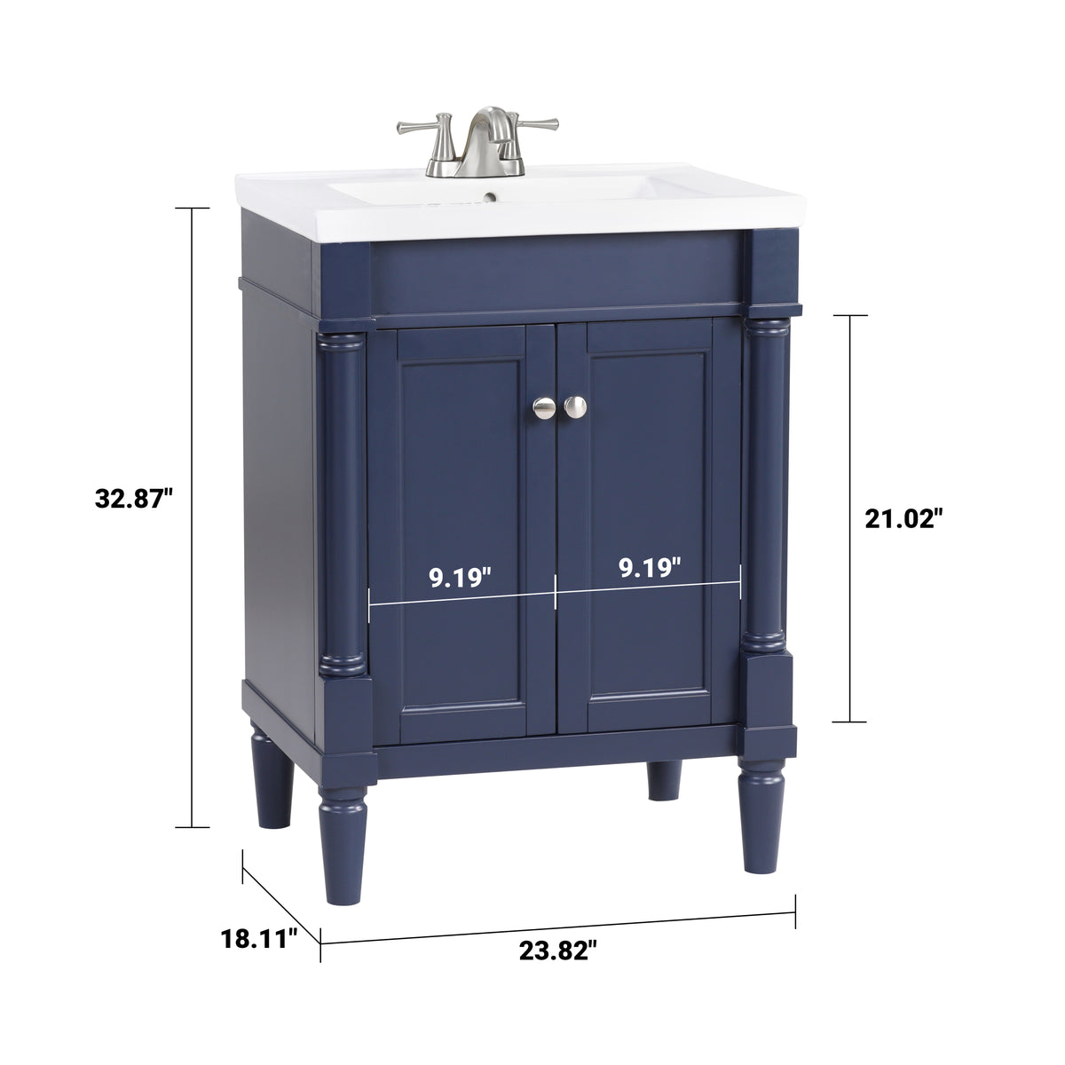 Navy blue bathroom vanity with white sink, dimensions 32.87" height, 23.82" width, designed for compact spaces.