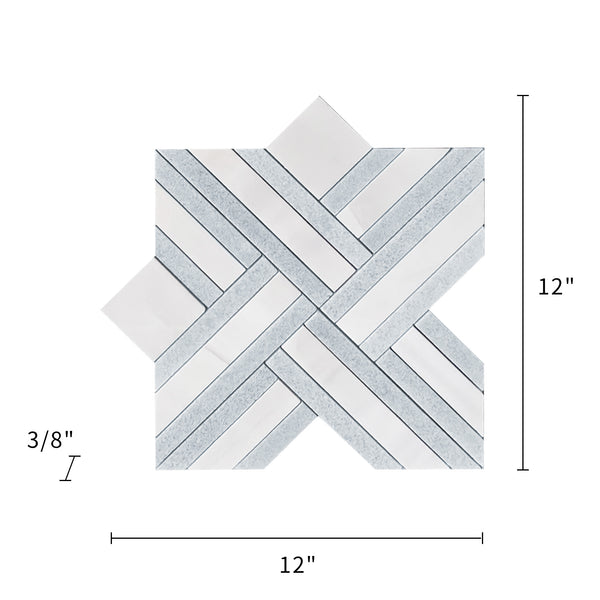 Dimensions of Blue Celeste & Dolomite Marble Waterjet Mosaic Tile – 12x12 inch layout with measurements
