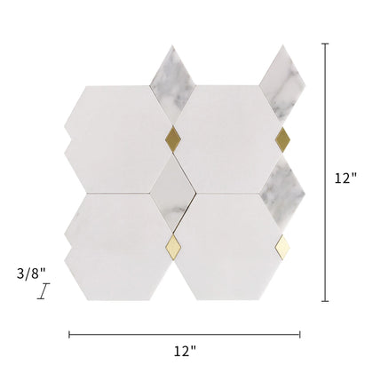 Calacatta & Thassos & Brass Marble 12-in x 12-in Waterjet Mosaic Floor and Wall Tile( 5 sq. ft. /Box )