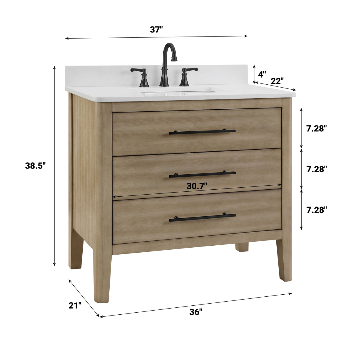 Safford 36 inch bathroom vanity quartz top with three drawers and white quartz countertop dimensions shown.