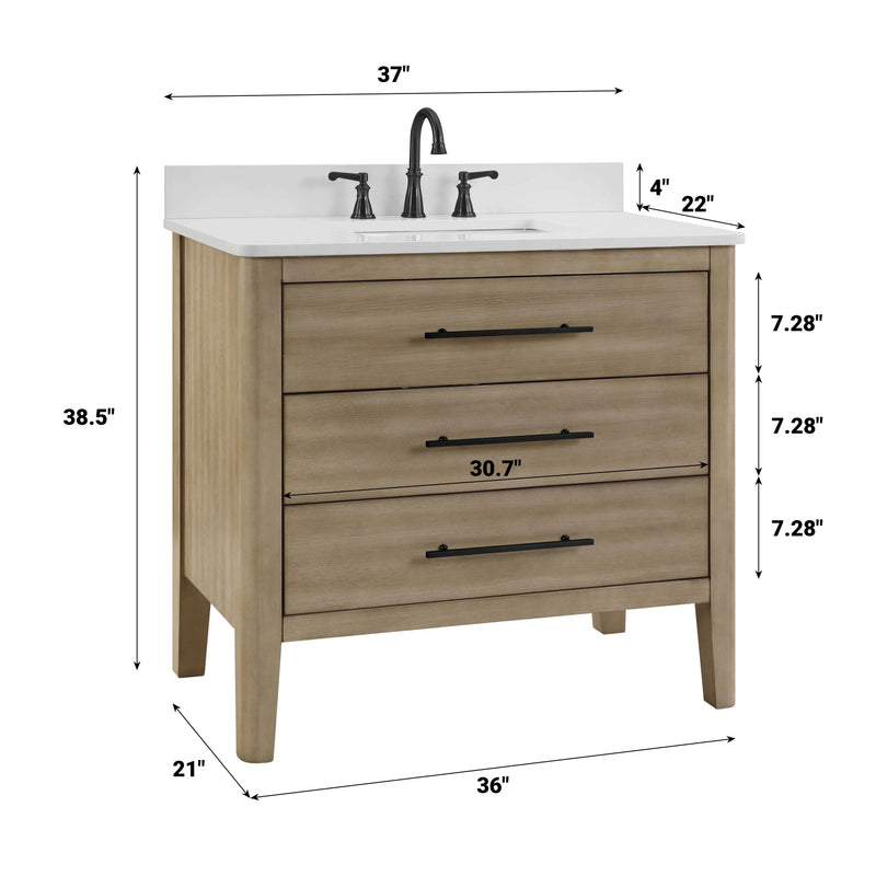 Safford 36" bathroom vanity with white quartz countertop