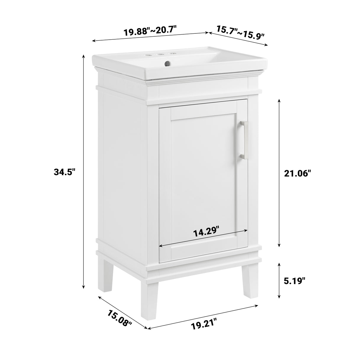 Elmington white vanity with porcelain top 20" dimensions 34.5" height, 19.21" width, perfect for small spaces.