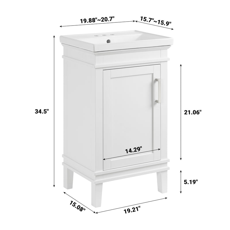 Elmington white vanity with porcelain top 20" dimensions 34.5" height, 19.21" width, perfect for small spaces.