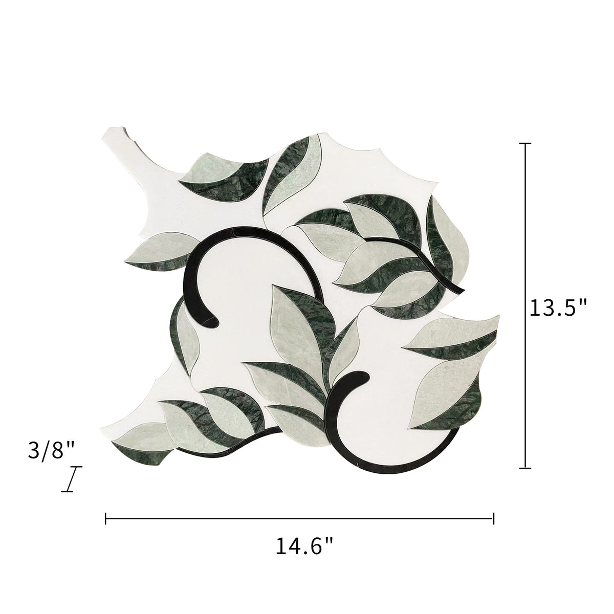 Dimension diagram of 14x15 inch Thassos & Nero & Verde Green Flower Marble Mosaic Tile – waterjet cut