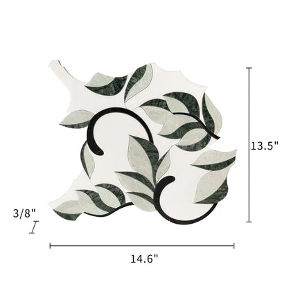 Dimension diagram of 14x15 inch Thassos & Nero & Verde Green Flower Marble Mosaic Tile – waterjet cut