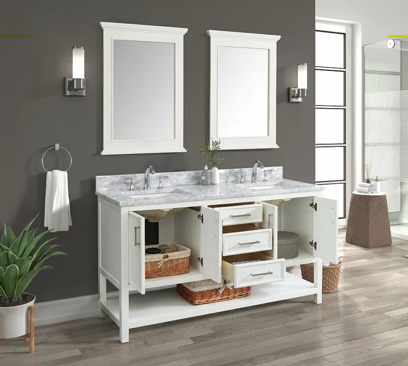 60 inch Manhattan vanity with Carrara marble top in a modern bathroom setting with mirrors and storage.