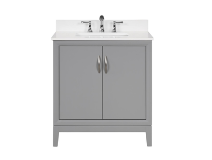 30 inch gray bathroom vanity with white quartz top, featuring double doors and modern faucet.