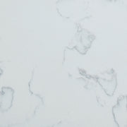 Surface close-up of a 31-inch Carrara White Quartz vanity top showing detailed grey marble-style veining.