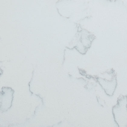 Surface close-up of a 31-inch Carrara White Quartz vanity top showing detailed grey marble-style veining.