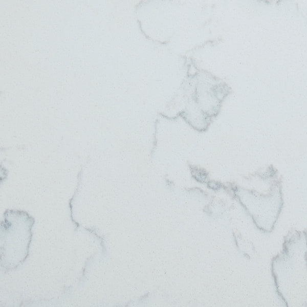 Surface close-up of a 31-inch Carrara White Quartz vanity top showing detailed grey marble-style veining.