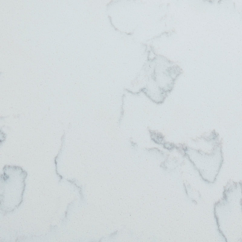 Surface close-up of a 31-inch Carrara White Quartz vanity top showing detailed grey marble-style veining.