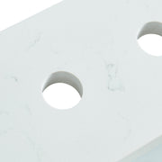 Close-up detail of 31-inch Carrara White Quartz vanity top showing pre-drilled faucet holes and marble-style veining.