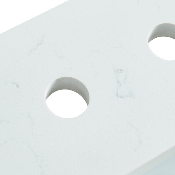 Close-up detail of 31-inch Carrara White Quartz vanity top showing pre-drilled faucet holes and marble-style veining.