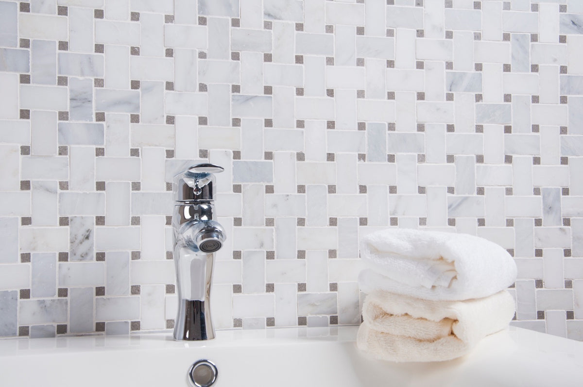 Oriental White + Gray Lady 12-in x 12-in Polished Basketweave Marble Mosaic Floor and Wall Tile( 5 sq. ft. /Box )