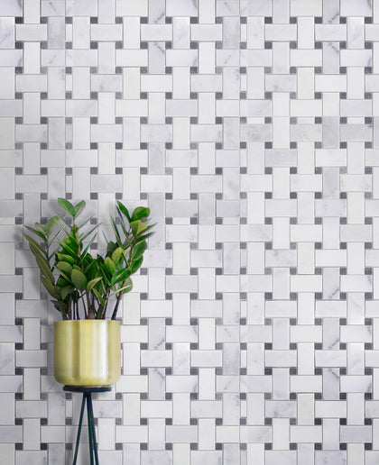 Oriental White + Gray Lady 12-in x 12-in Polished Basketweave Marble Mosaic Floor and Wall Tile( 5 sq. ft. /Box )