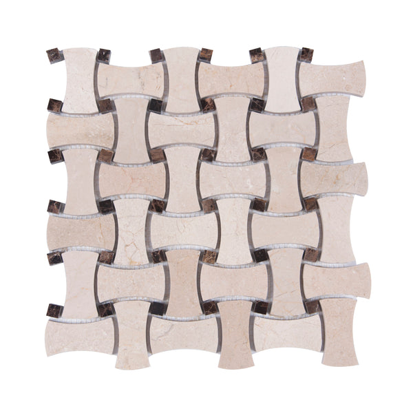 Cream Marfil+Emperador Bone Basketweave 12-in x 12-in Polished Marble Mosaic Floor and Wall Tile(1-sq. ft/ Piece)