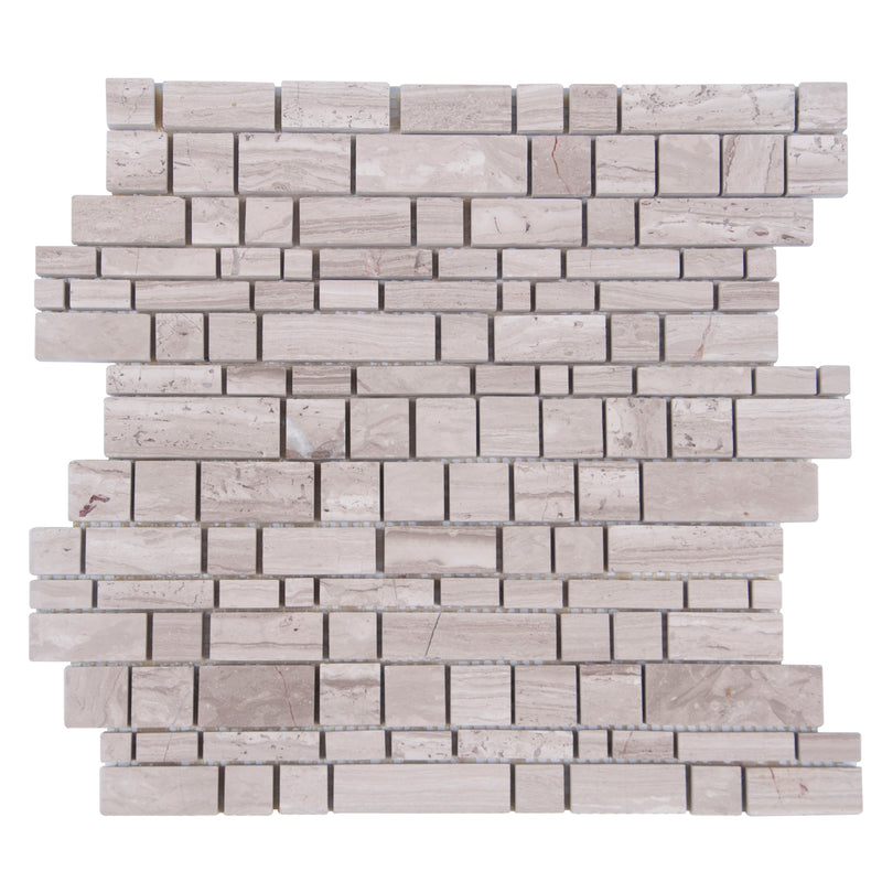 Wooden White Multi-Square 12-in x 12-in Honed Marble Mosaic Wall Tile( 5 sq. ft. /Box )