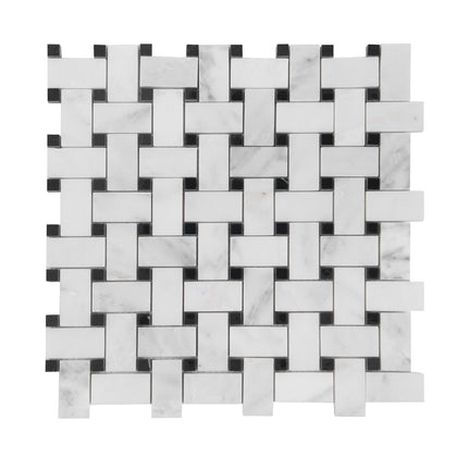 Oriental White + Pure Black 12-in x 12-in Polished Basketweave Marble Mosaic Floor and Wall Tile( 5 sq. ft. /Box )