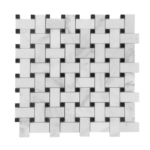 Oriental White + Pure Black 12-in x 12-in Polished Basketweave Marble Mosaic Floor and Wall Tile(1-sq. ft/ Piece)