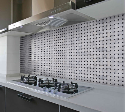 Oriental White + Pure Black 12-in x 12-in Polished Basketweave Marble Mosaic Floor and Wall Tile( 5 sq. ft. /Box )