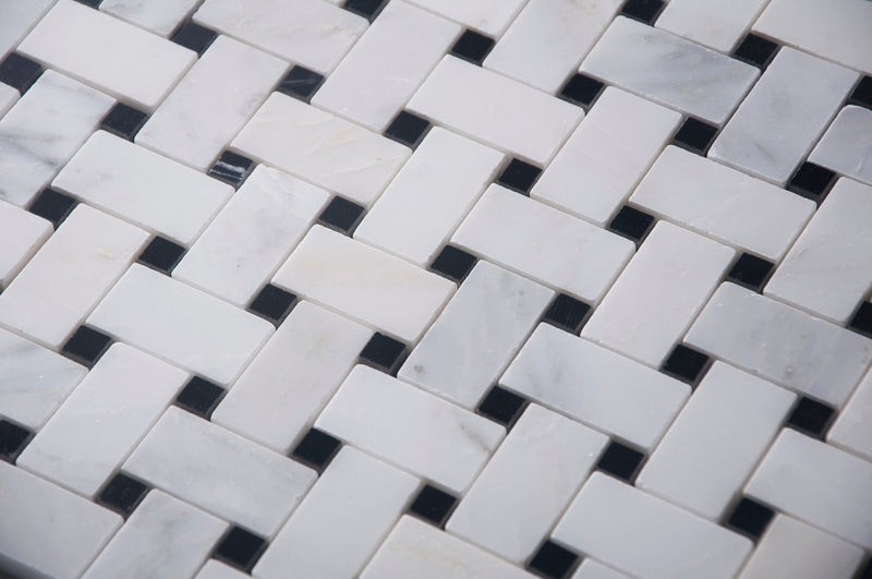 Oriental White + Pure Black Polished Basketweave Marble Mosaic Floor and Wall Tile - Sample (Product Shown is Full Size)