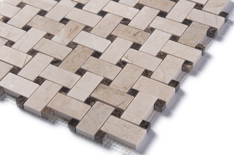 Cream Marfil+Emperador Basketweave Polished Marble Mosaic Floor and Wall Tile - Sample (Product Shown is Full Size)