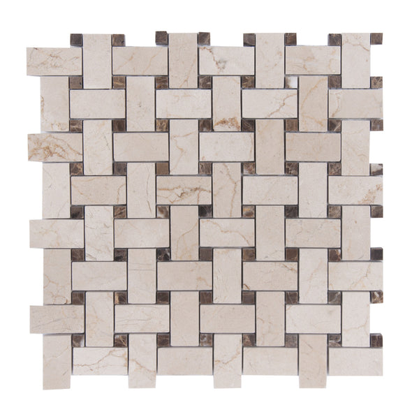 Cream Marfil+Emperador Basketweave 12-in x 12-in Polished Marble Mosaic Floor and Wall Tile(1-sq. ft/ Piece)