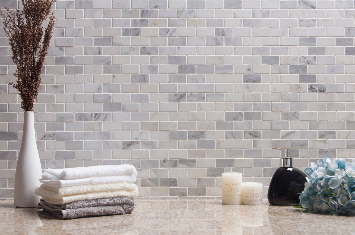 Brick Oriental White Polished Marble Mosaic Wall Tile - Sample (Product Shown is Full Size)