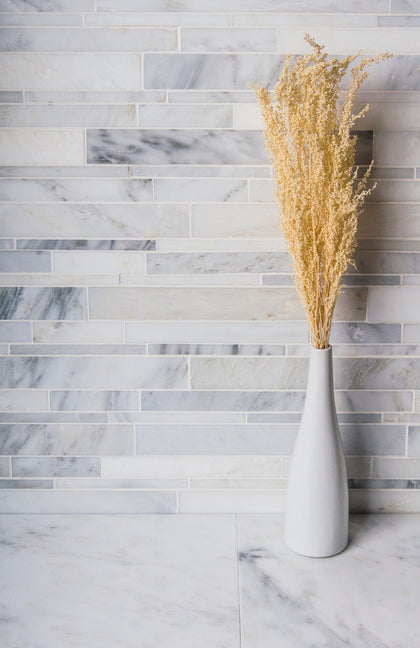 Oriental White Random Strip 12-1/2-in x 12-in Polished Marble Mosaic Wall Tile( 5.2 sq. ft. /Box )