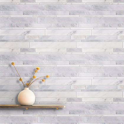 Oriental White Random Strip 12-1/2-in x 12-in Polished Marble Mosaic Wall Tile( 5.2 sq. ft. /Box )