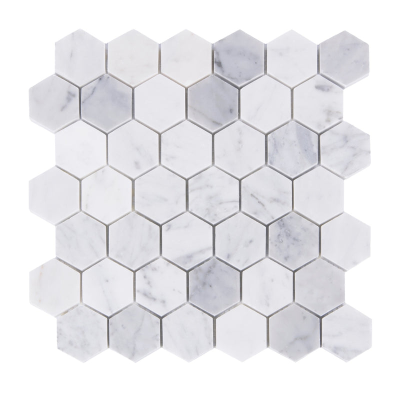 2-in Carrara White Hexagon 12-in x 12-in Polished Marble Mosaic Floor and Wall Tile( 5 sq. ft. /Box )