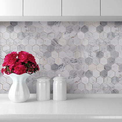 2-in Carrara White Hexagon 12-in x 12-in Polished Marble Mosaic Floor and Wall Tile( 5 sq. ft. /Box )