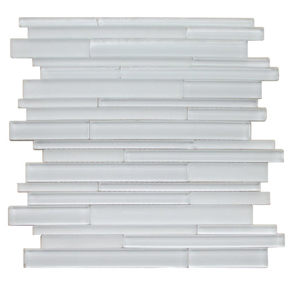 Sample piece of Ice Glass Mix 6x18 Random Strip Decorative Mosaic Tile – elegant icy glass mosaic with mixed textures.