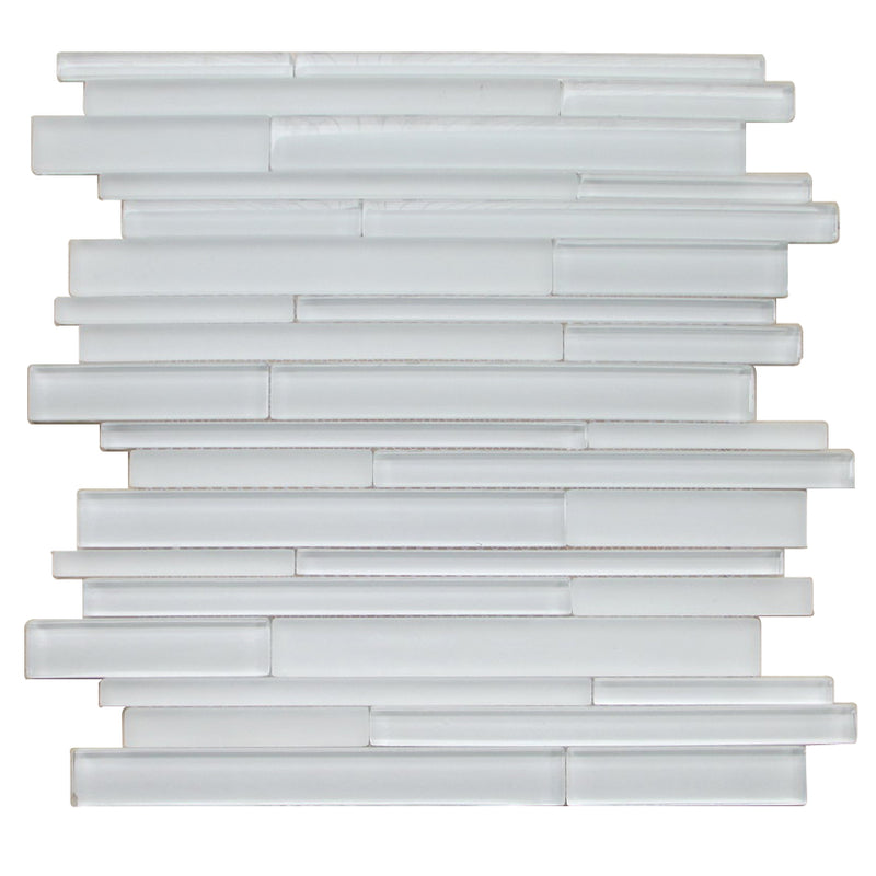 Sample piece of Ice Glass Mix 6x18 Random Strip Decorative Mosaic Tile – elegant icy glass mosaic with mixed textures.