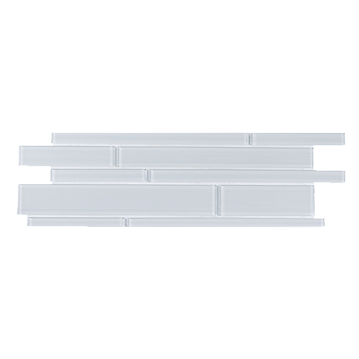 Single 6x18 inch Ice Glass Mix Random Strip Decorative Mosaic Wall Tile – clear and frosted glass strips in an icy blend, 0.75 sq. ft per piece.
