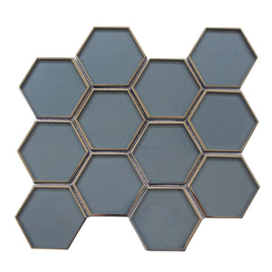 3" Hexagon Dark Blue Glass Mosaic with Silver Edge