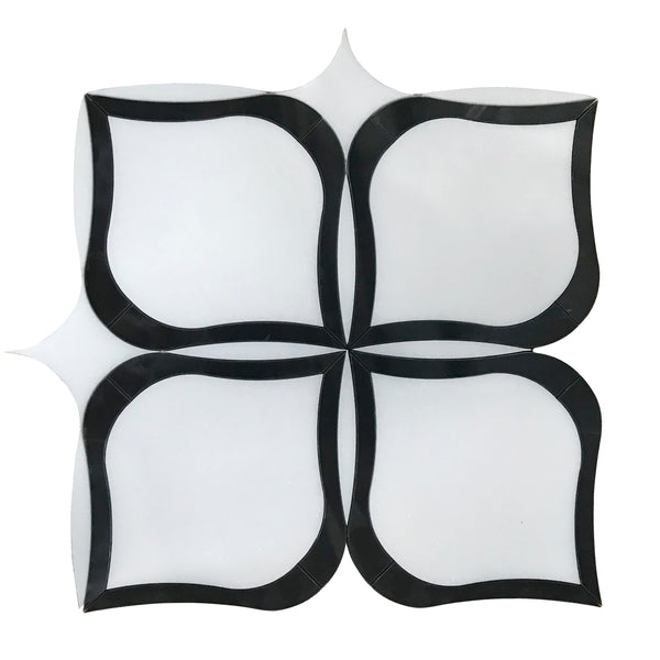 Tulip Pattern Thassos & Black Marble 12-in x 12-in Waterjet Mosaic Floor and Wall Tile(1-sq. ft/ Piece)