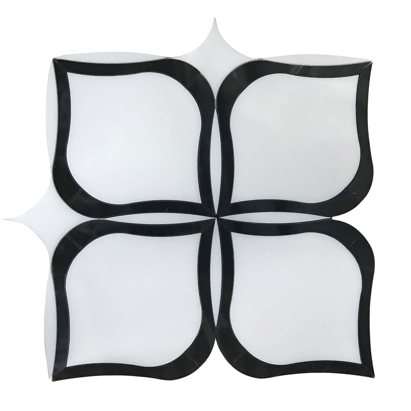 Tulip Pattern Thassos & Black Marble 12-in x 12-in Waterjet Mosaic Floor and Wall Tile( 5 sq. ft. /Box )
