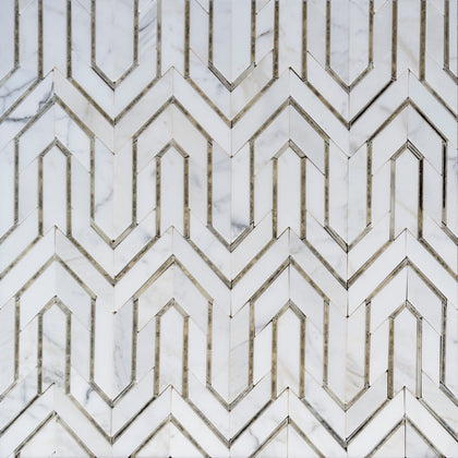Arrows-Carrara White with Antique Mirror Accents 12-in x 9-in Polished Waterjet Mosaic Floor and Wall Tile( 3.55 sq. ft. /Box )