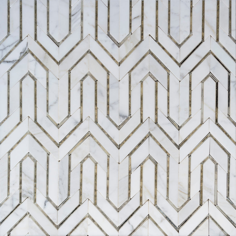 Arrows-Carrara White with Antique Mirror Accents Polished Waterjet Mosaic Floor and Wall Tile - Sample (Product Shown is Full Size)