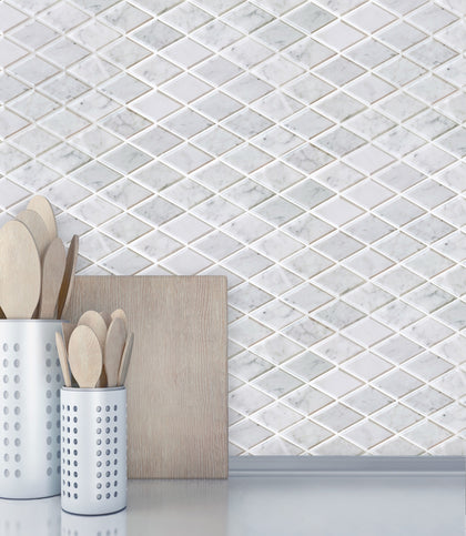 Carrara White Diamond 12-in x 12-in Beveled Marble Mosaic Wall Tile( 5 sq. ft. /Box )