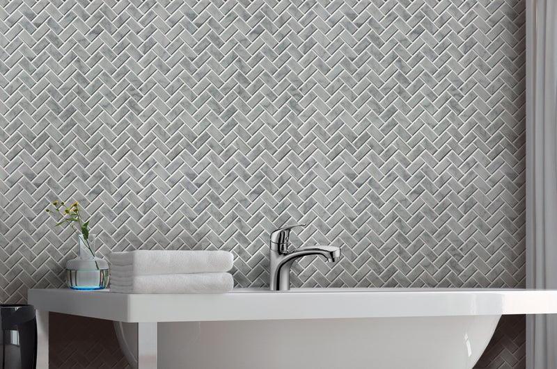 Carrara White Herringbone 12-in x 12-in Mini Brick Mosaic Wall Tile( 10 sq. ft. /Box )
