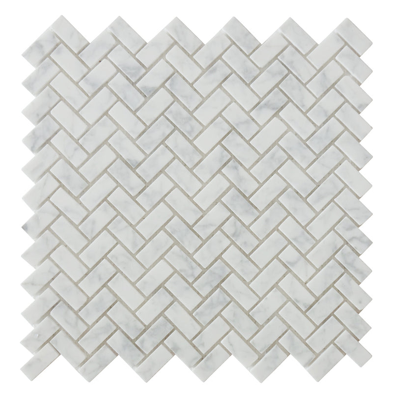 Carrara White Herringbone 12-in x 12-in Mini Brick Mosaic Wall Tile( 10 sq. ft. /Box )
