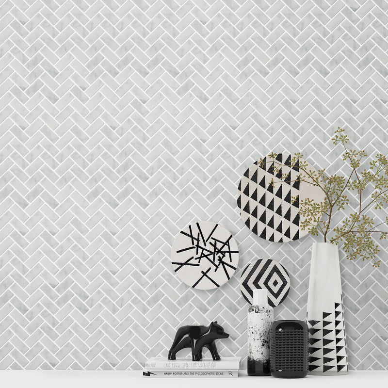 Carrara White Herringbone 12-in x 12-in Mini Brick Mosaic Wall Tile( 10 sq. ft. /Box )