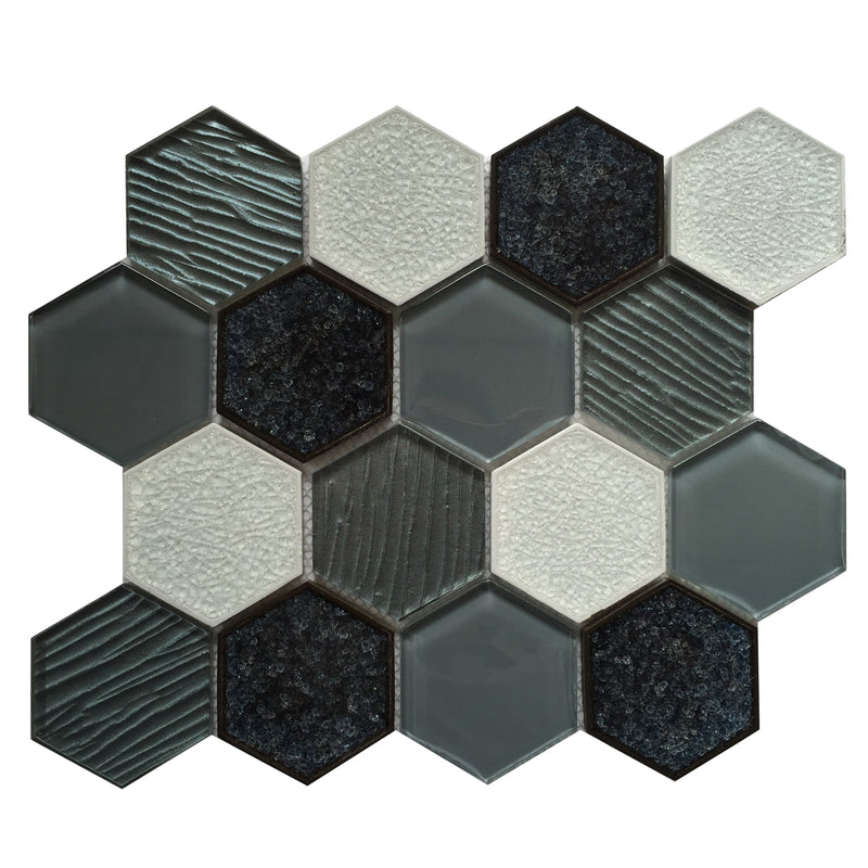 12-in x 11-in Palladian Gray Hex Glass & Porcelain Mosaic Wall Tile( 8.3 sq. ft. /Box )