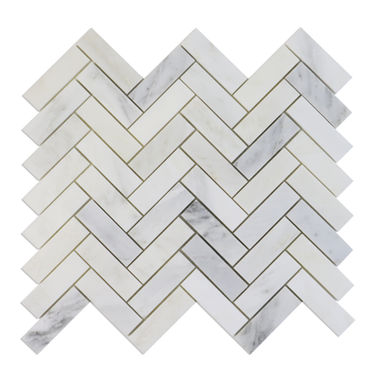 Oriental White Herringbone 12-1/2-in x 11-in Polished Marble Mosaic Wall Tile( 4.75 sq. ft. /Box )